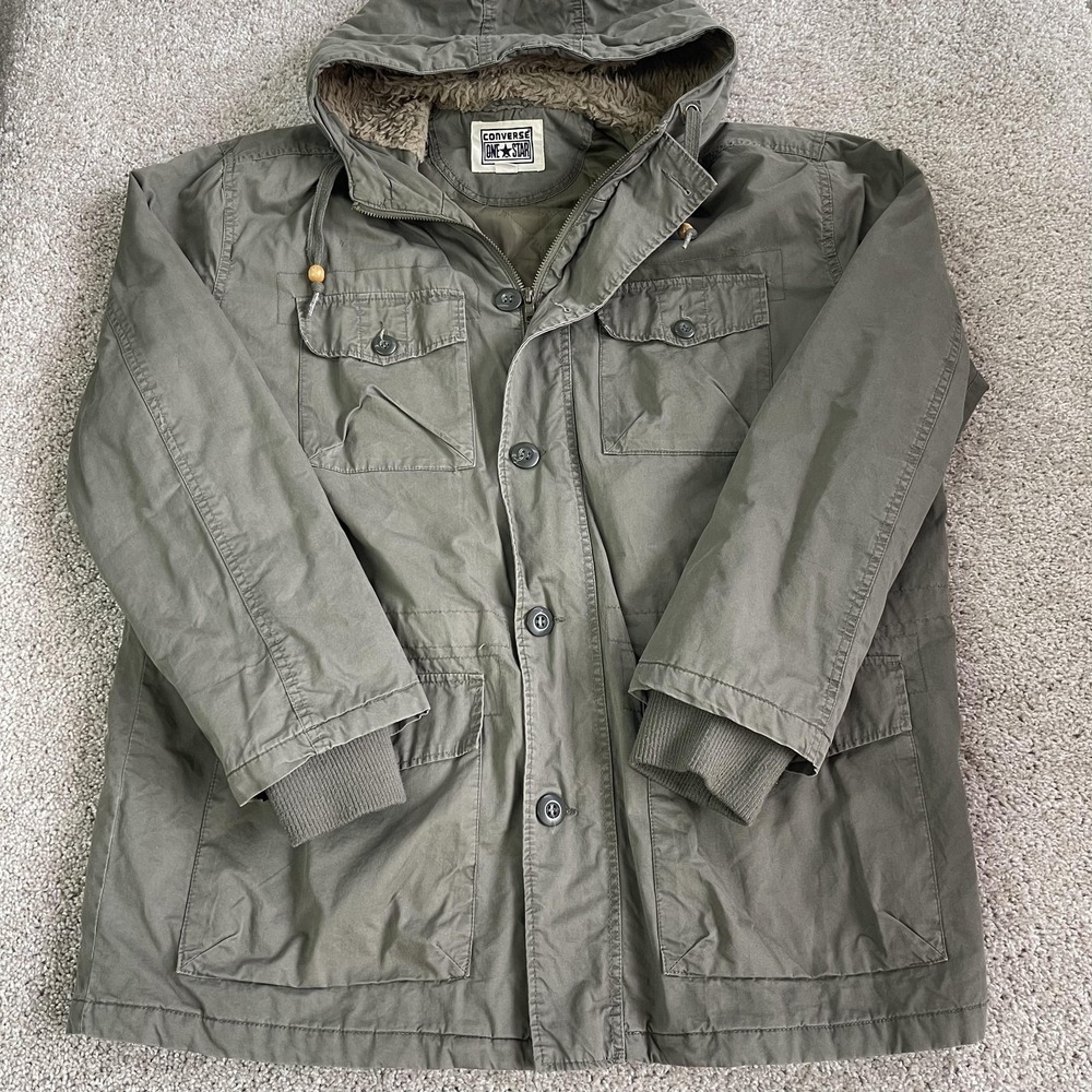 Converse One Star Coat Mens XL Green Canvas Hooded Parka Faux Fur Lined Zip